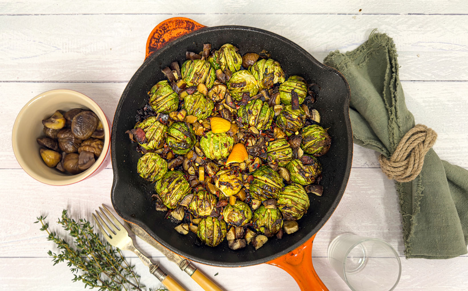 Hasselback Sprouts with Pancetta, Chestnuts & Citrus