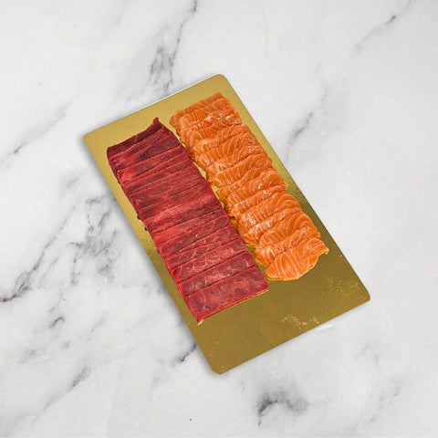 Bluefin Tuna 'Akami' & Salmon Sashimi Platter, Fresh, +/-300g Fine Food Specialist LIMITED Bluefin Tuna 'Akami' & Salmon Sashimi Platter, Fresh, +/-300g