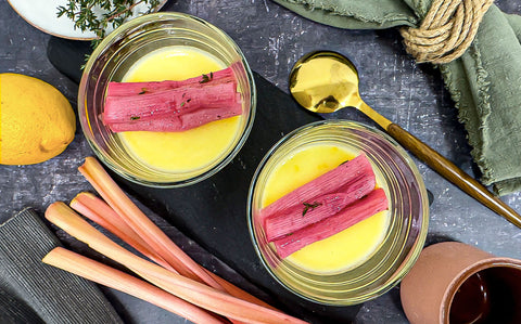 Vibrant yellow posset with striking pink rhubarb
